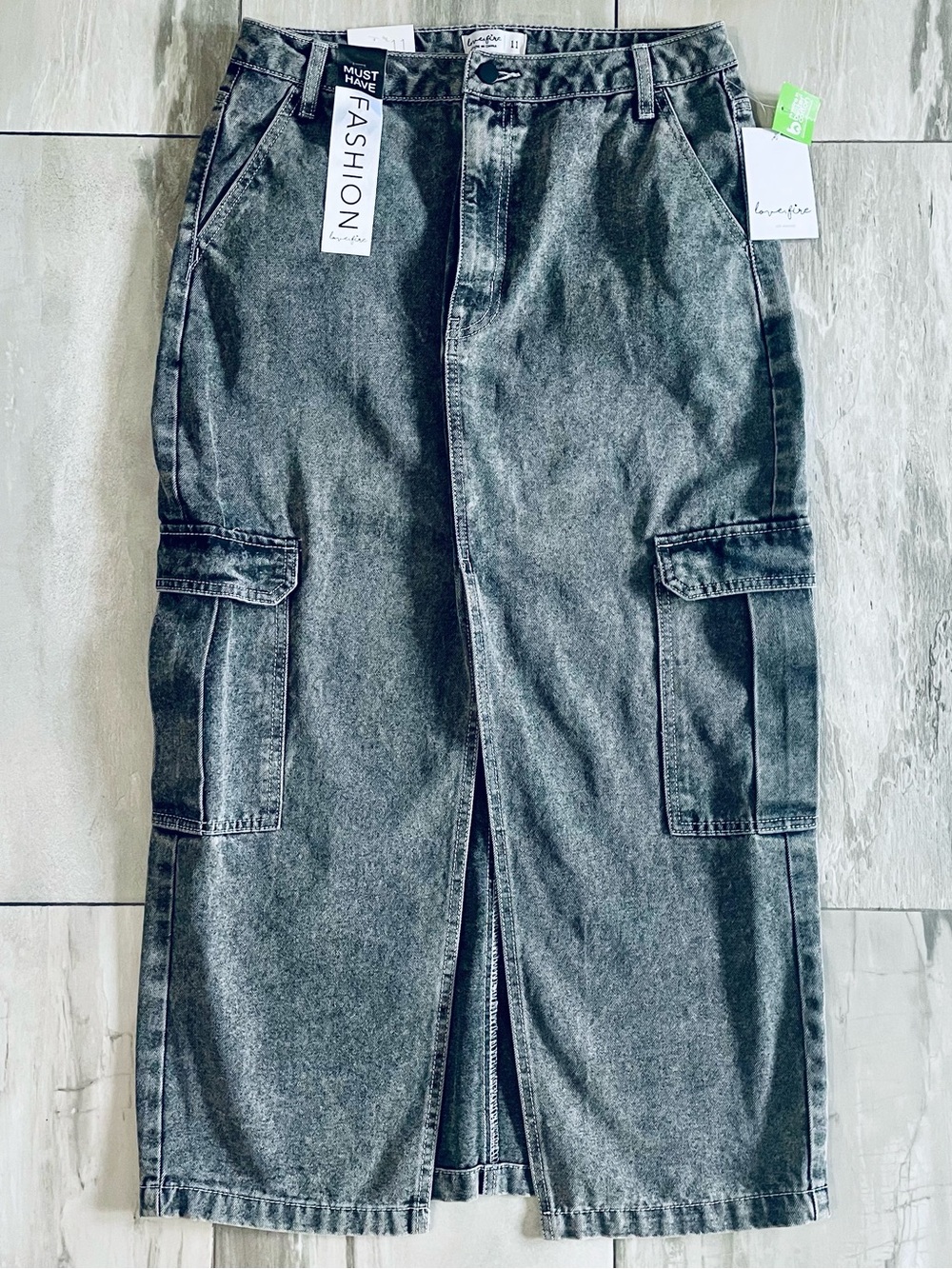 love, Fire Charcoal Denim Cargo Midi Skirt (Juniors 11) NWT